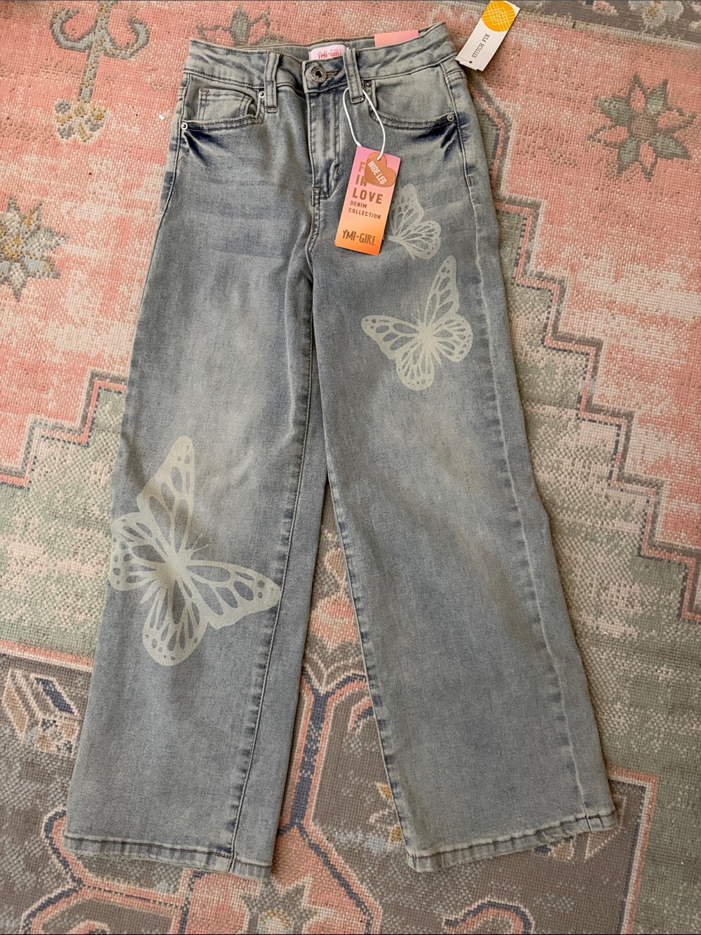 YMI Light Blue Wide Leg Jeans with Butterfly Print NWT (10)